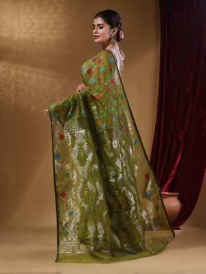 Sap Green Cotton Handwoven Jamdani Saree With Multicolor Woven Designs And Motifs 4
