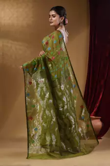 Sap Green Cotton Handwoven Jamdani Saree With Multicolor Woven Designs And Motifs