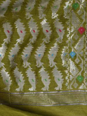 Sap Green Cotton Handwoven Jamdani Saree With Multicolor Woven Designs And Motifs 5
