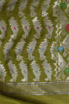 Sap Green Cotton Handwoven Jamdani Saree With Multicolor Woven Designs And Motifs