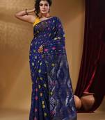 Sapphire Blue Cotton Handwoven Jamdani Saree With Multicolor Woven Designs And Motifs