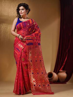 Pink Cotton Handwoven Jamdani Saree With Multicolor Floral Designs And Motifs 1
