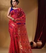 Pink Cotton Handwoven Jamdani Saree With Multicolor Floral Designs And Motifs