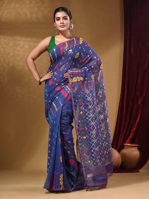 Azure Blue Cotton Handwoven Jamdani Saree With Multicolor Floral Designs And Motifs 1
