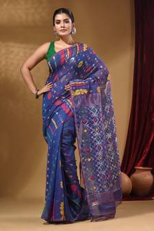 Azure Blue Cotton Handwoven Jamdani Saree With Multicolor Floral Designs And Motifs