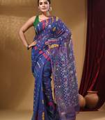 Azure Blue Cotton Handwoven Jamdani Saree With Multicolor Floral Designs And Motifs