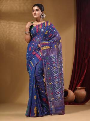 Azure Blue Cotton Handwoven Jamdani Saree With Multicolor Floral Designs And Motifs 2