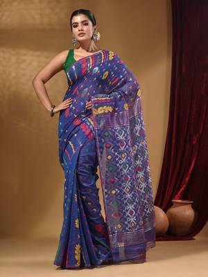 Azure Blue Cotton Handwoven Jamdani Saree With Multicolor Floral Designs And Motifs 3