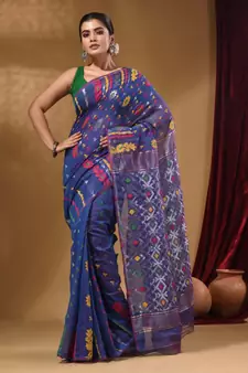 Azure Blue Cotton Handwoven Jamdani Saree With Multicolor Floral Designs And Motifs