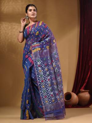 Azure Blue Cotton Handwoven Jamdani Saree With Multicolor Floral Designs And Motifs 4