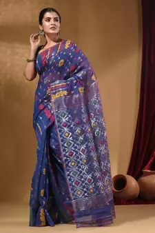 Azure Blue Cotton Handwoven Jamdani Saree With Multicolor Floral Designs And Motifs