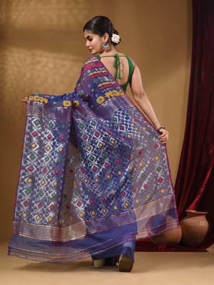 Azure Blue Cotton Handwoven Jamdani Saree With Multicolor Floral Designs And Motifs 5