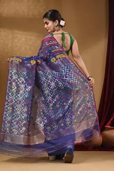 Azure Blue Cotton Handwoven Jamdani Saree With Multicolor Floral Designs And Motifs