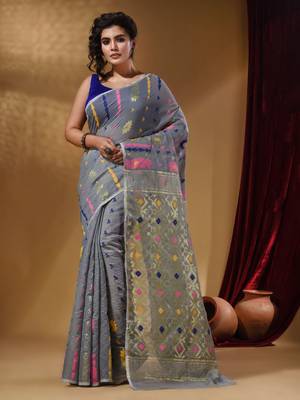 Light Grey Cotton Handwoven Jamdani Saree With Multicolor Floral Designs And Motifs 1