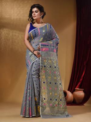 Light Grey Cotton Handwoven Jamdani Saree With Multicolor Floral Designs And Motifs 2