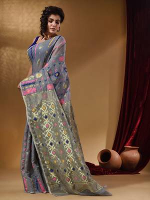 Light Grey Cotton Handwoven Jamdani Saree With Multicolor Floral Designs And Motifs 3