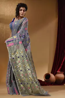 Light Grey Cotton Handwoven Jamdani Saree With Multicolor Floral Designs And Motifs