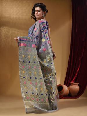Light Grey Cotton Handwoven Jamdani Saree With Multicolor Floral Designs And Motifs 4