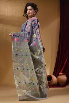 Light Grey Cotton Handwoven Jamdani Saree With Multicolor Floral Designs And Motifs