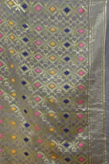 Light Grey Cotton Handwoven Jamdani Saree With Multicolor Floral Designs And Motifs