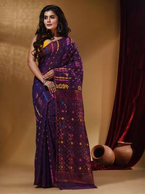 Deep Violet Cotton Handwoven Jamdani Saree With Multicolor Floral Designs And Motifs 1