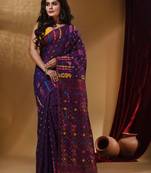Deep Violet Cotton Handwoven Jamdani Saree With Multicolor Floral Designs And Motifs