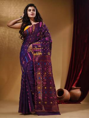 Deep Violet Cotton Handwoven Jamdani Saree With Multicolor Floral Designs And Motifs 2