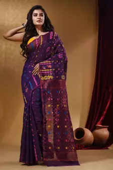 Deep Violet Cotton Handwoven Jamdani Saree With Multicolor Floral Designs And Motifs