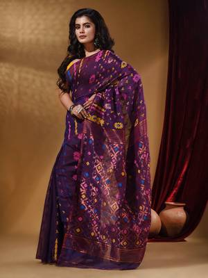 Deep Violet Cotton Handwoven Jamdani Saree With Multicolor Floral Designs And Motifs 3