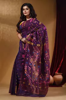 Deep Violet Cotton Handwoven Jamdani Saree With Multicolor Floral Designs And Motifs