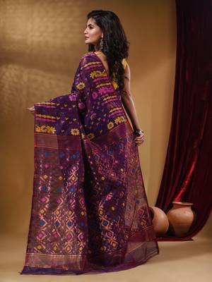 Deep Violet Cotton Handwoven Jamdani Saree With Multicolor Floral Designs And Motifs 4
