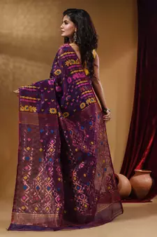 Deep Violet Cotton Handwoven Jamdani Saree With Multicolor Floral Designs And Motifs