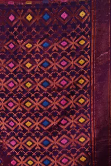 Deep Violet Cotton Handwoven Jamdani Saree With Multicolor Floral Designs And Motifs