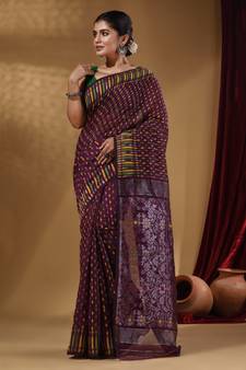 Sangria Cotton Handwoven Jamdani Saree With Geometric Designs and Floral Patterns