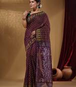 Sangria Cotton Handwoven Jamdani Saree With Geometric Designs and Floral Patterns