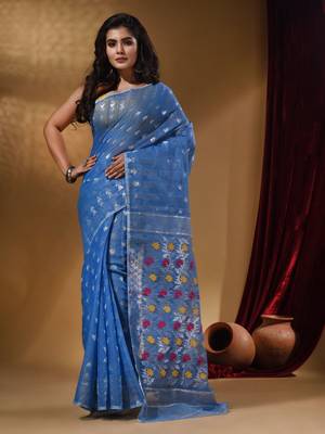 Sky Blue Cotton Handwoven Jamdani Saree With Geometric Designs and Floral Patterns 1