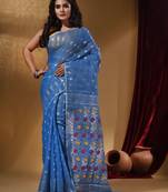 Sky Blue Cotton Handwoven Jamdani Saree With Geometric Designs and Floral Patterns
