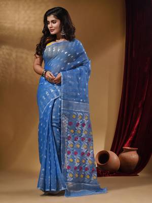 Sky Blue Cotton Handwoven Jamdani Saree With Geometric Designs and Floral Patterns 2