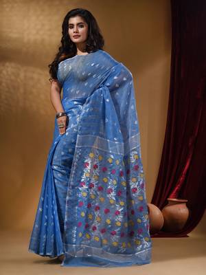 Sky Blue Cotton Handwoven Jamdani Saree With Geometric Designs and Floral Patterns 3