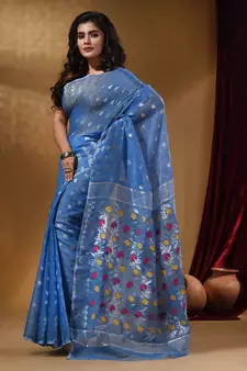 Sky Blue Cotton Handwoven Jamdani Saree With Geometric Designs and Floral Patterns