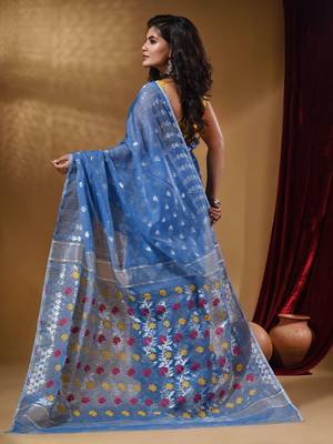 Sky Blue Cotton Handwoven Jamdani Saree With Geometric Designs and Floral Patterns 4