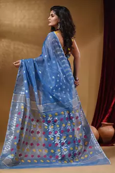Sky Blue Cotton Handwoven Jamdani Saree With Geometric Designs and Floral Patterns