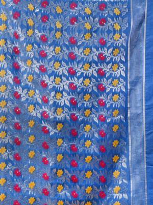 Sky Blue Cotton Handwoven Jamdani Saree With Geometric Designs and Floral Patterns 5