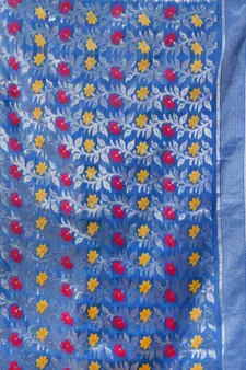 Sky Blue Cotton Handwoven Jamdani Saree With Geometric Designs and Floral Patterns