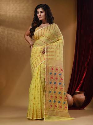 Yellow Cotton Handwoven Jamdani Saree With Geometric Designs and Floral Patterns 1