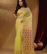 Yellow Cotton Handwoven Jamdani Saree With Geometric Designs and Floral Patterns