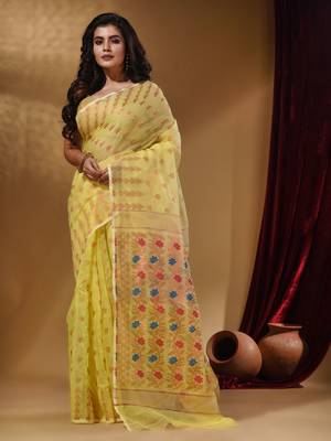 Yellow Cotton Handwoven Jamdani Saree With Geometric Designs and Floral Patterns 2