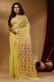 Yellow Cotton Handwoven Jamdani Saree With Geometric Designs and Floral Patterns