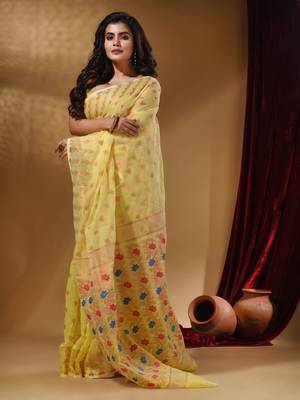 Yellow Cotton Handwoven Jamdani Saree With Geometric Designs and Floral Patterns 3