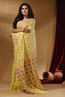 Yellow Cotton Handwoven Jamdani Saree With Geometric Designs and Floral Patterns
